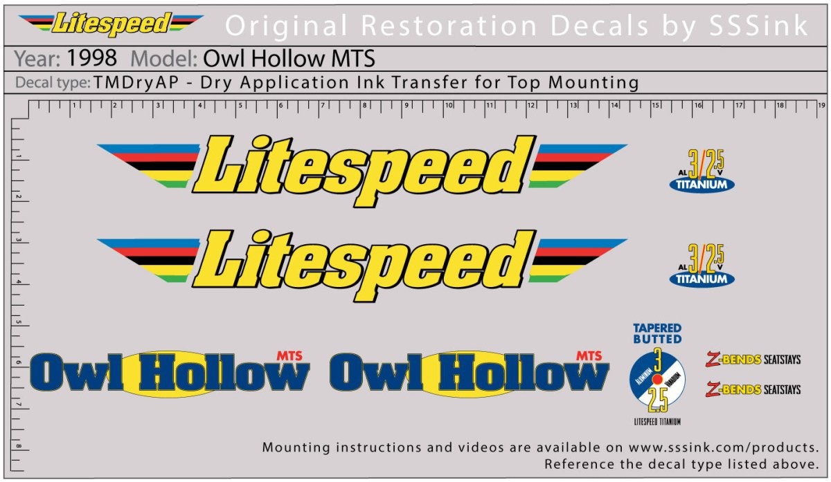 Titanium 1998 Owl Hollow MTS Decal Set - Litespeed Bicycles