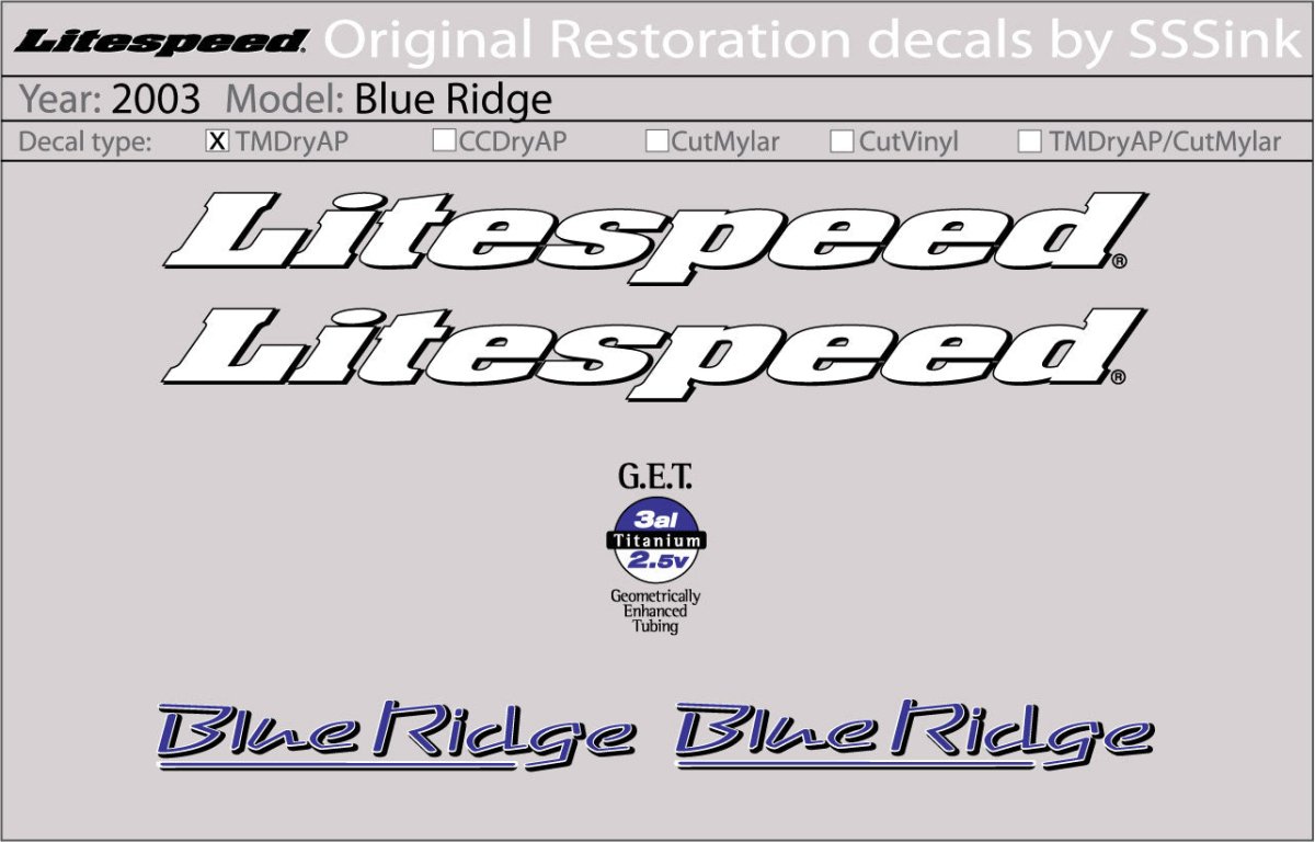 Titanium 2003 Blue Ridge Decal Set - Litespeed Bicycles