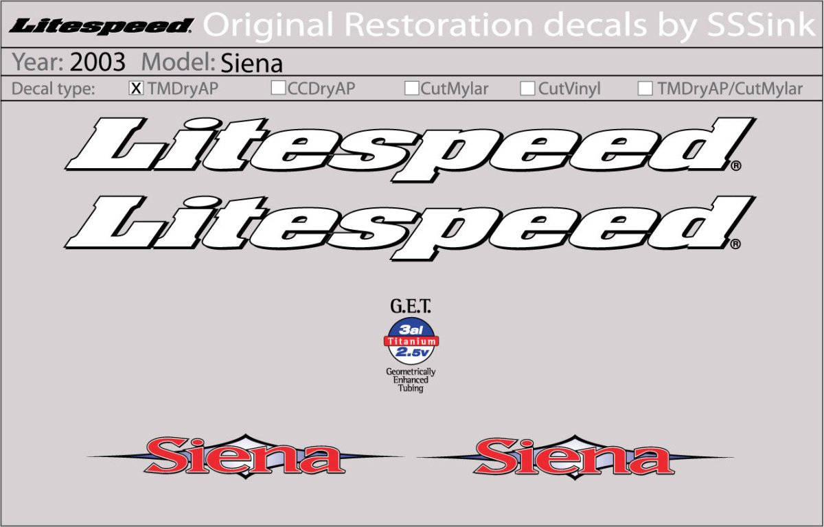 Titanium 2003 Siena Decal Set - Litespeed Bicycles