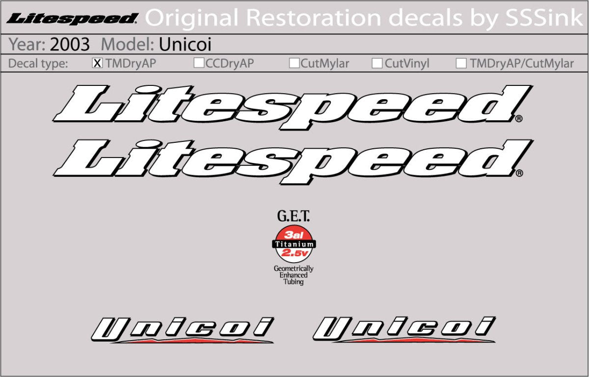 Titanium 2003 Unicoi Decal Set - Litespeed Bicycles