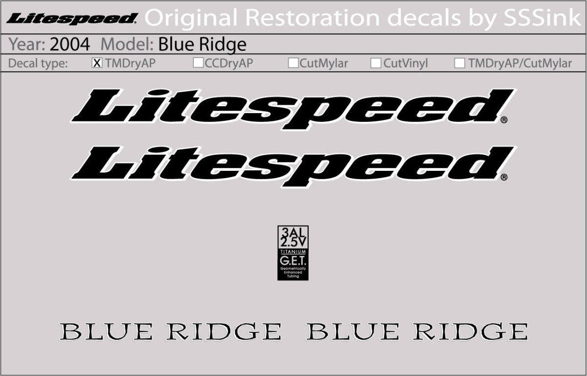 Titanium 2004 Blue Ridge Decal Set - Litespeed Bicycles