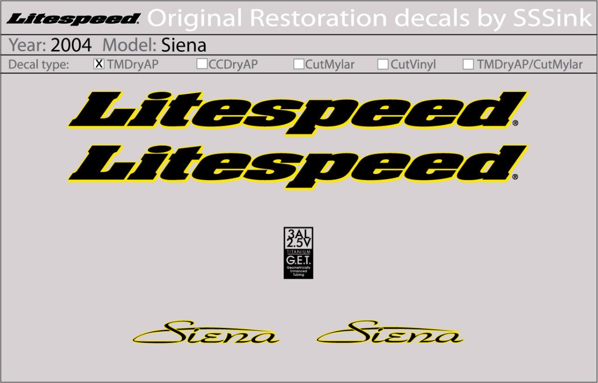 Titanium 2004 Siena Decal Set - Litespeed Bicycles