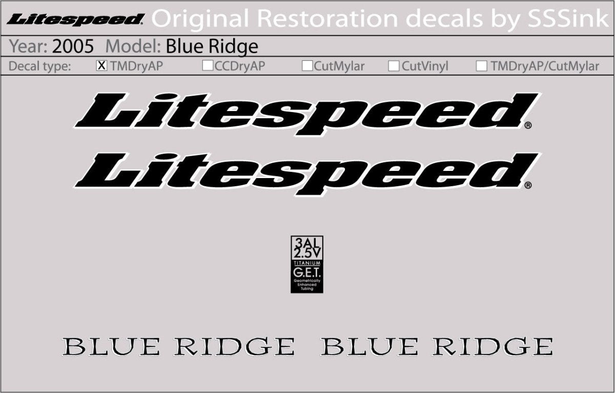 Titanium 2005 Blue Ridge Decal Set - Litespeed Bicycles