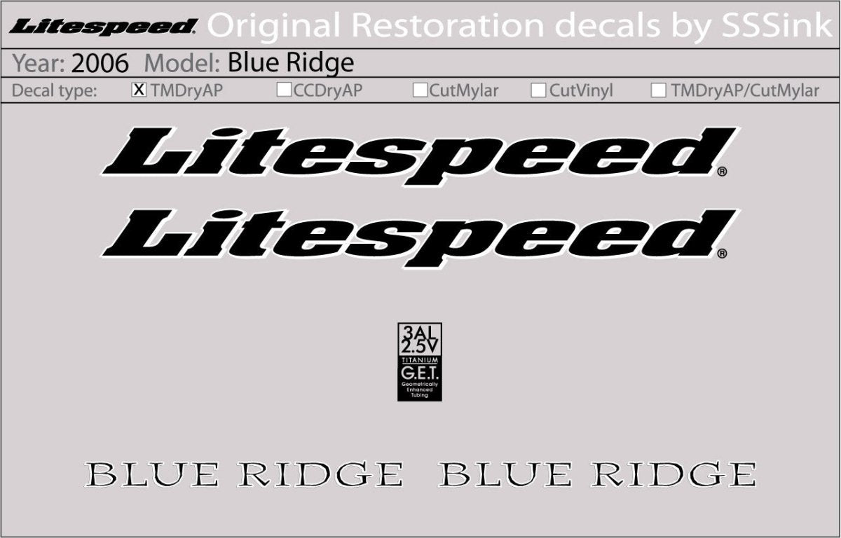 Titanium 2006 Blue Ridge Decal Set - Litespeed Bicycles