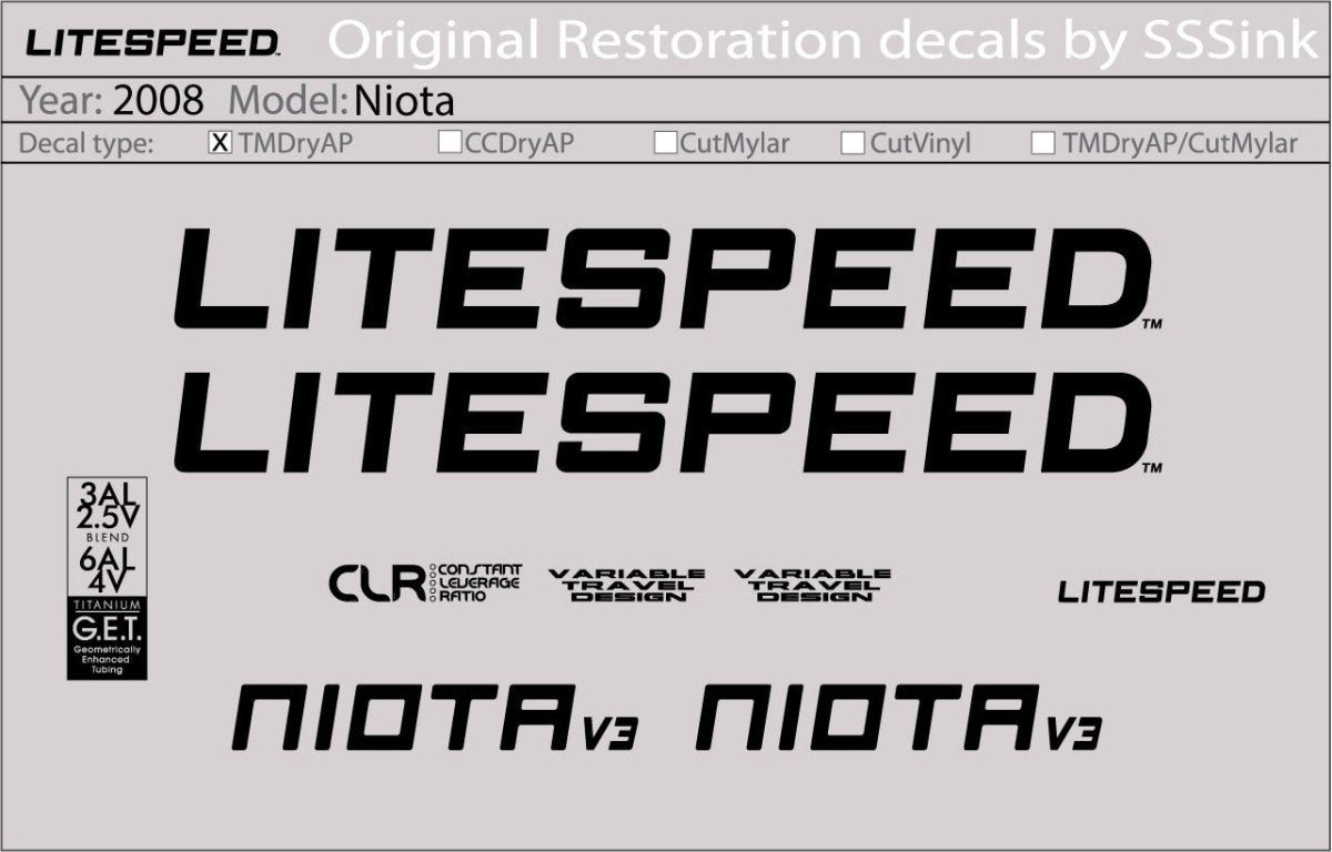 Titanium 2008 Niota Ti Decal Set - Litespeed Bicycles